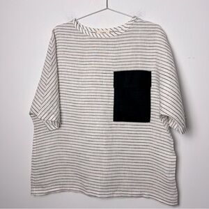 thesalting 100% Linen Striped White and Black Flap Pocket Minimalist Modern Top
